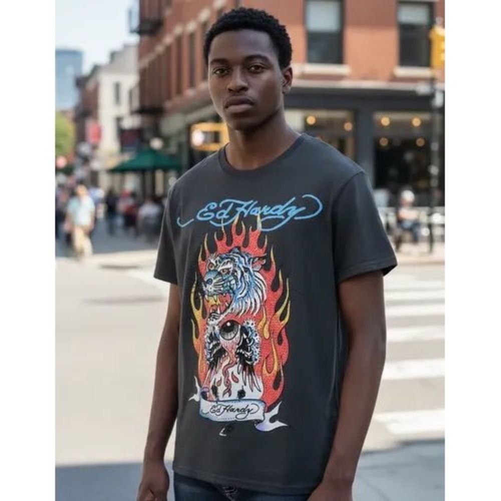 Ed Hardy Mens Tiger Flame Graphic T-Shirt Charcoal Gray 2X EHMR1100-19